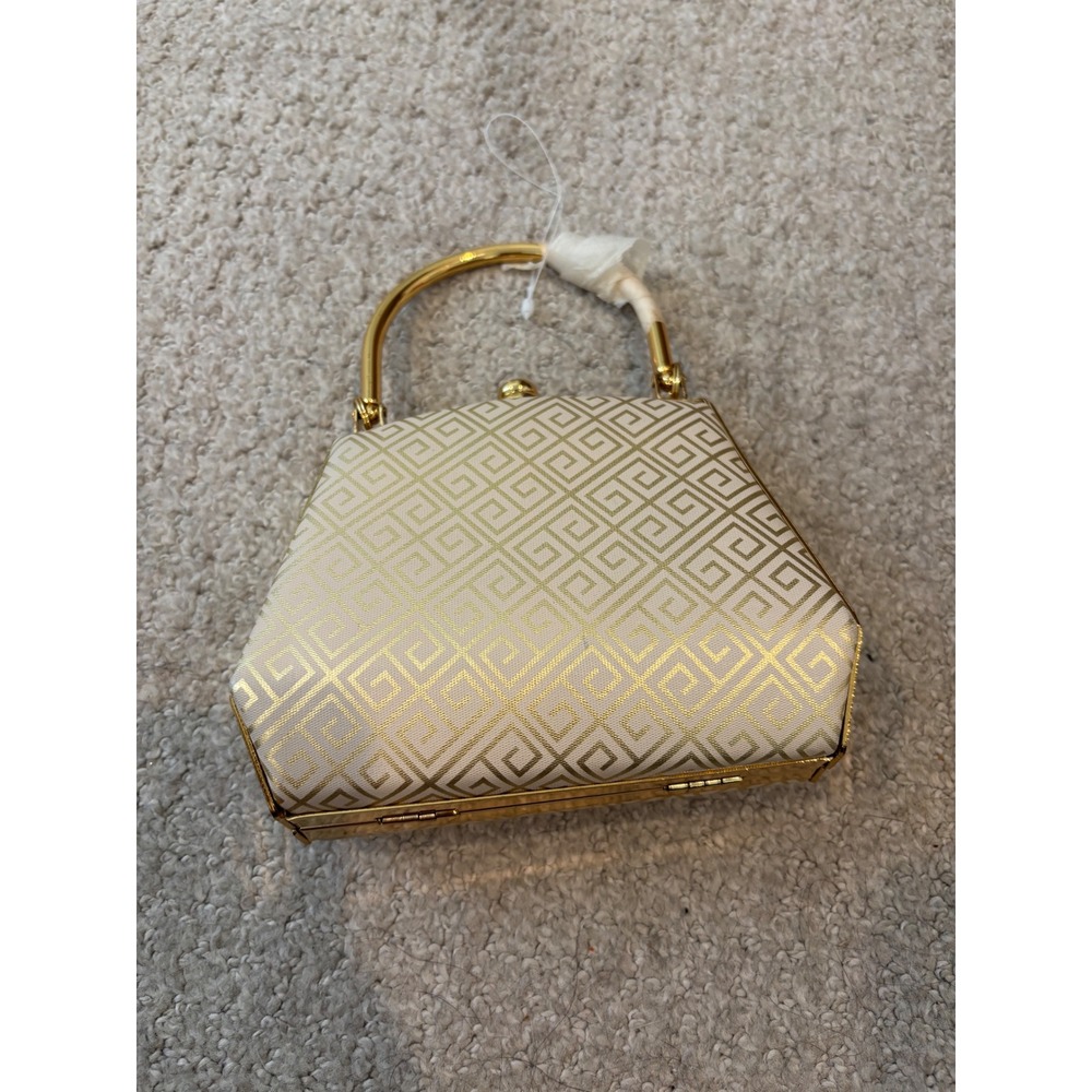 NWOT Bijoux Terner Evening Clutch Bag Small Gold‎ Cream Greek Key Formal Glam